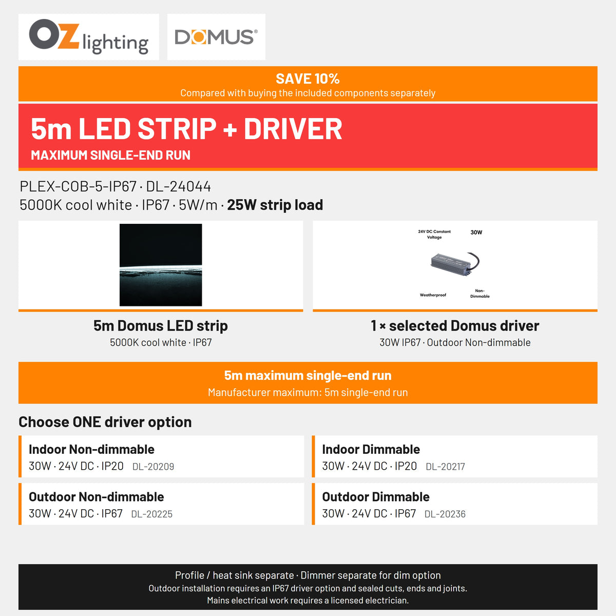 Domus PLEX 5 Metre 5W/m Cool White Outdoor Strip and Driver Bundle-Domus Lighting-Ozlighting.com.au