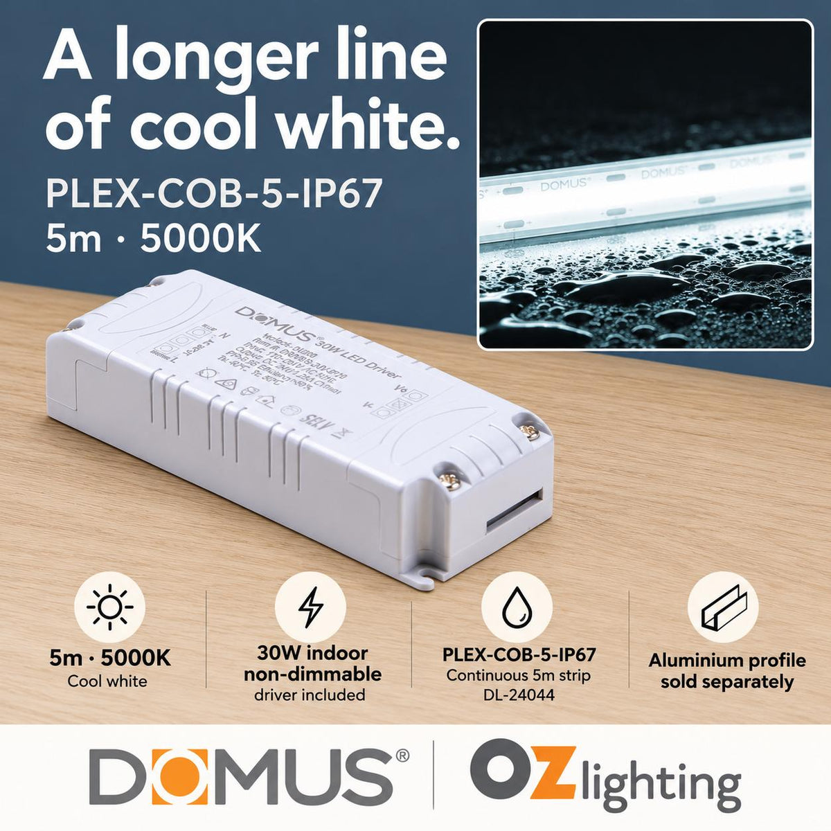 Domus PLEX-COB-5-IP67 5m 5000K LED strip and driver bundle — hero