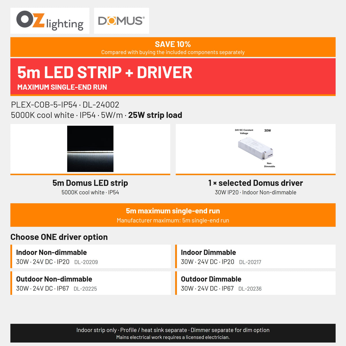 Domus PLEX-COB-5-IP54 LED Strip & Driver Bundle - 5000K, 5m-Domus Lighting-Ozlighting.com.au