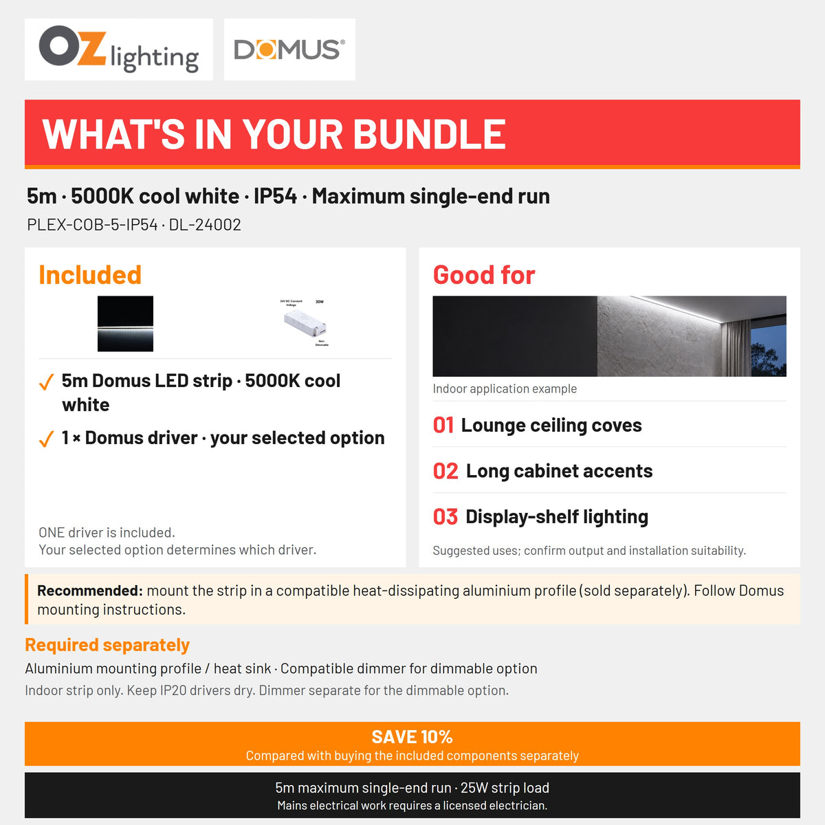 Domus PLEX-COB-5-IP54 LED Strip & Driver Bundle - 5000K, 5m-Domus Lighting-Ozlighting.com.au