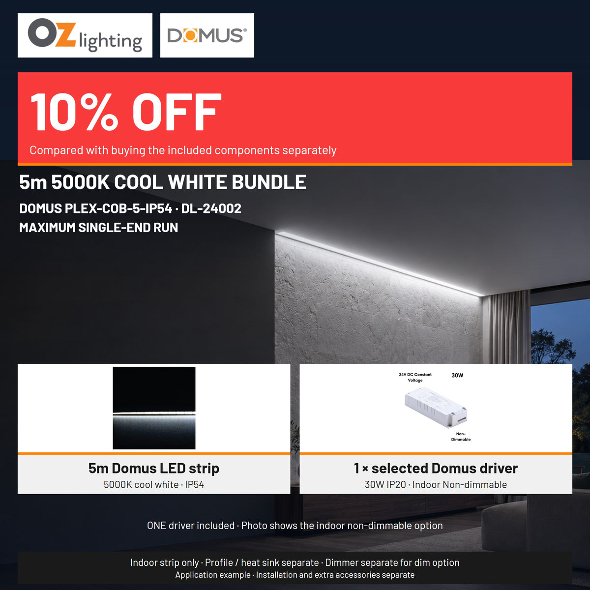 Domus PLEX-COB-5-IP54 LED Strip & Driver Bundle - 5000K, 5m-Domus Lighting-Ozlighting.com.au