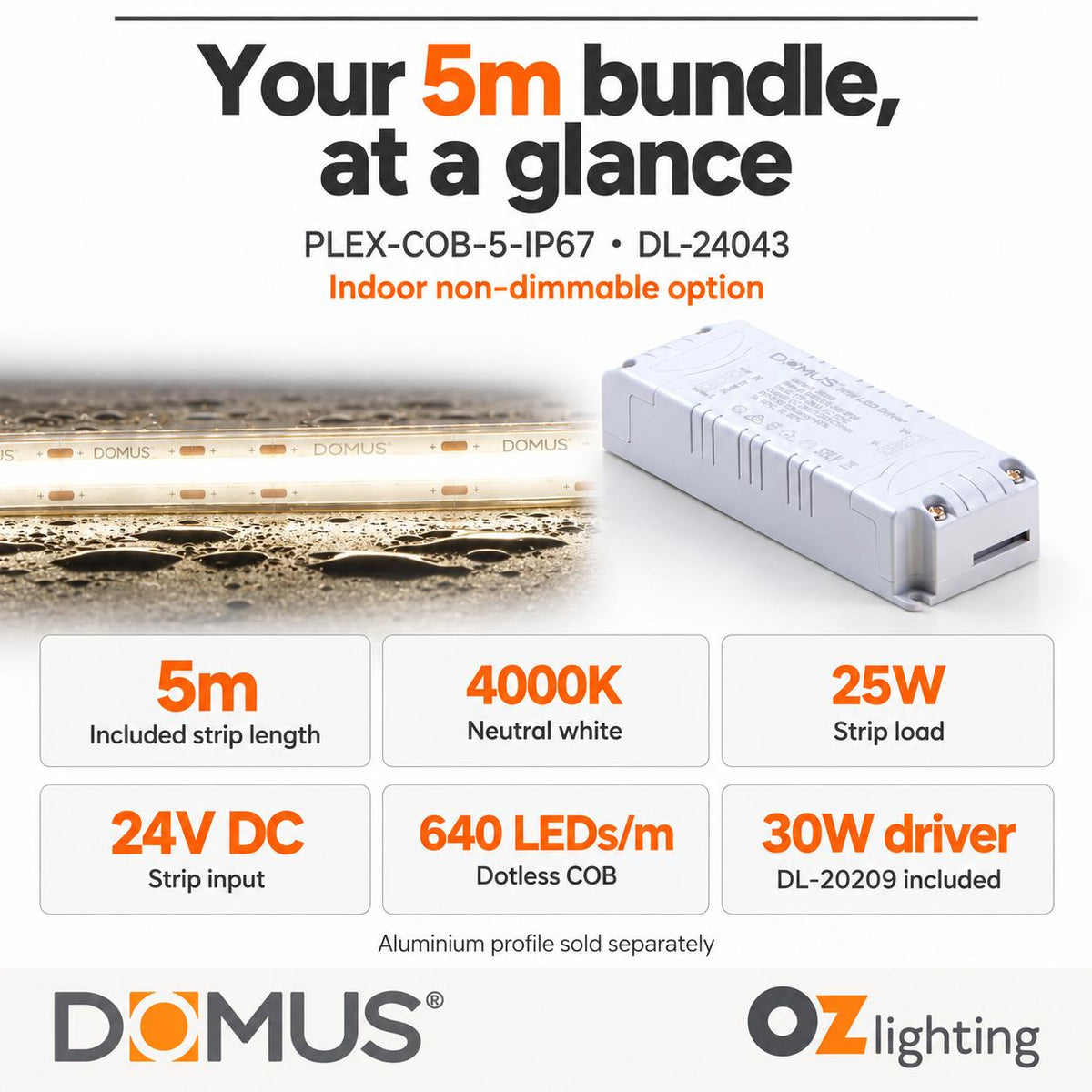 Domus PLEX-COB-5-IP67 5m 4000K LED strip and driver bundle — product details