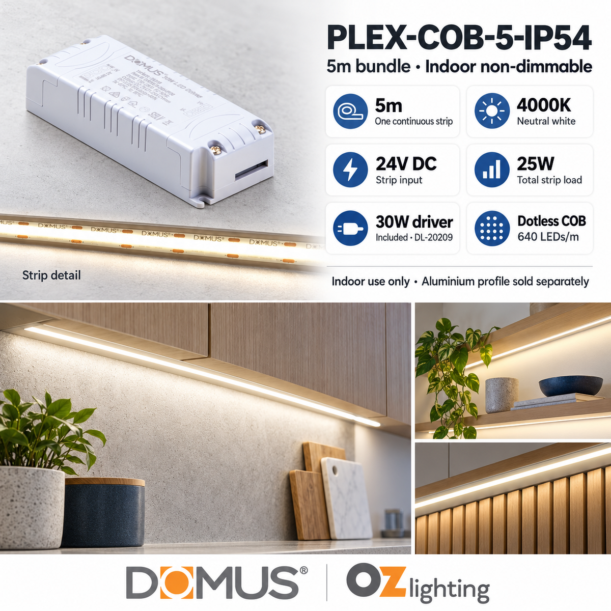Domus PLEX-COB-5-IP54 5m 4000K LED strip and driver bundle — product details