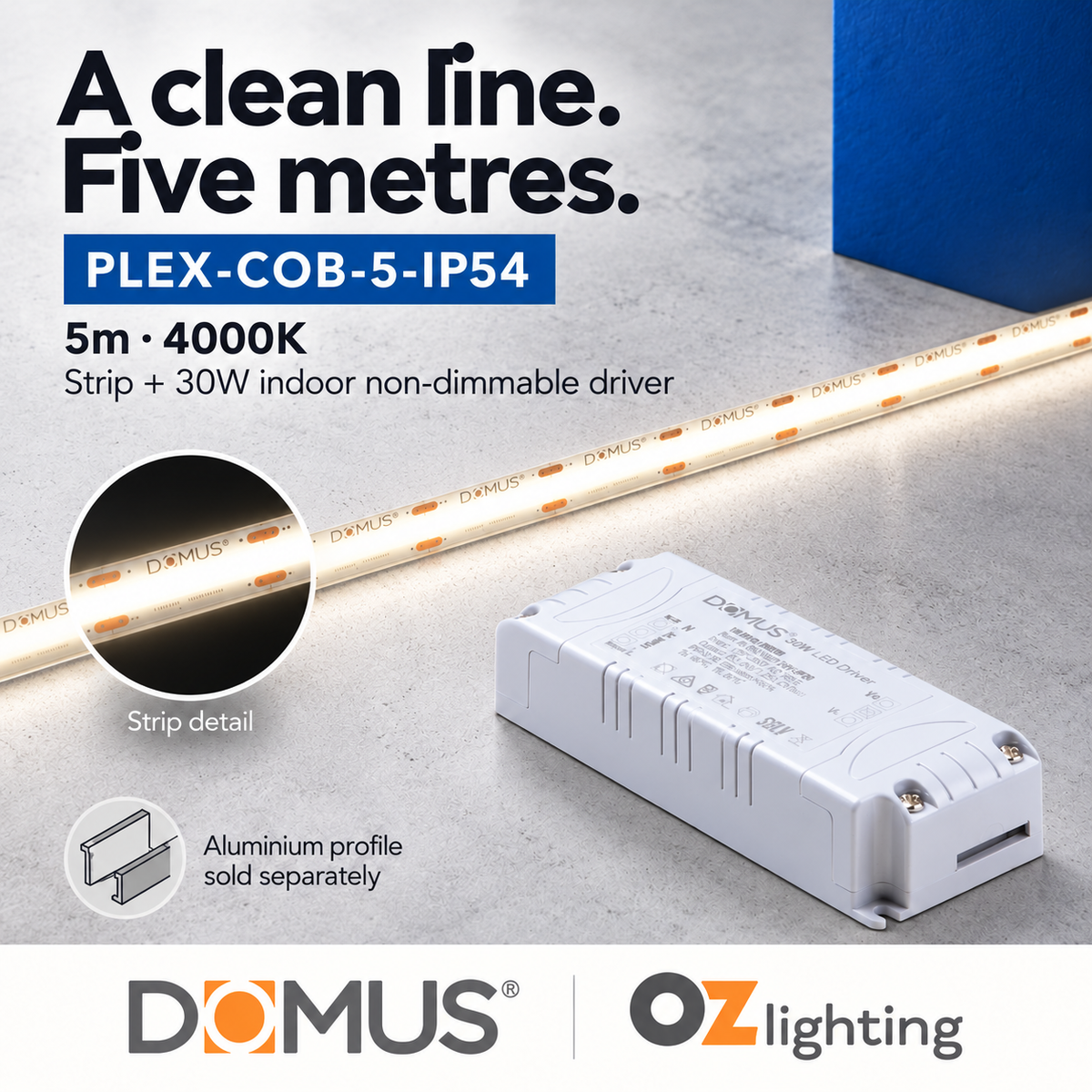 Domus PLEX-COB-5-IP54 5m 4000K LED strip and driver bundle — hero