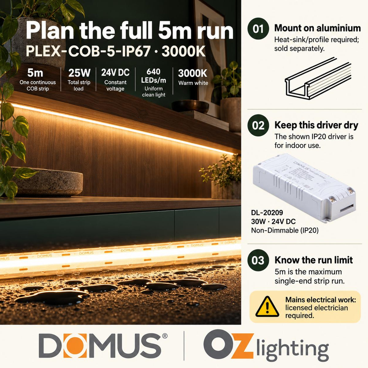 Domus PLEX-COB-5-IP67 5m 3000K LED strip and driver bundle — practical advice