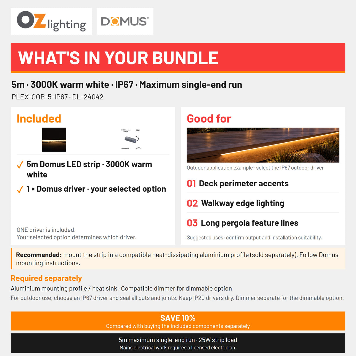 Domus PLEX 5 Metre 5W/m Warm White Outdoor Strip and Driver Bundle-Domus Lighting-Ozlighting.com.au