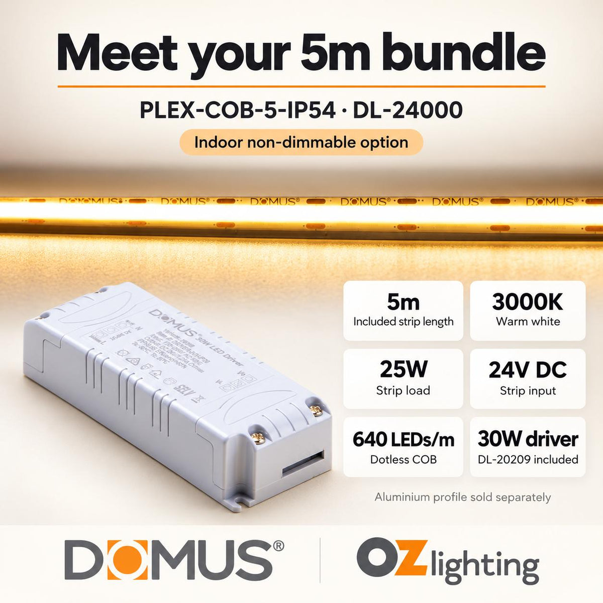 Domus PLEX-COB-5-IP54 5m 3000K LED strip and driver bundle — product details