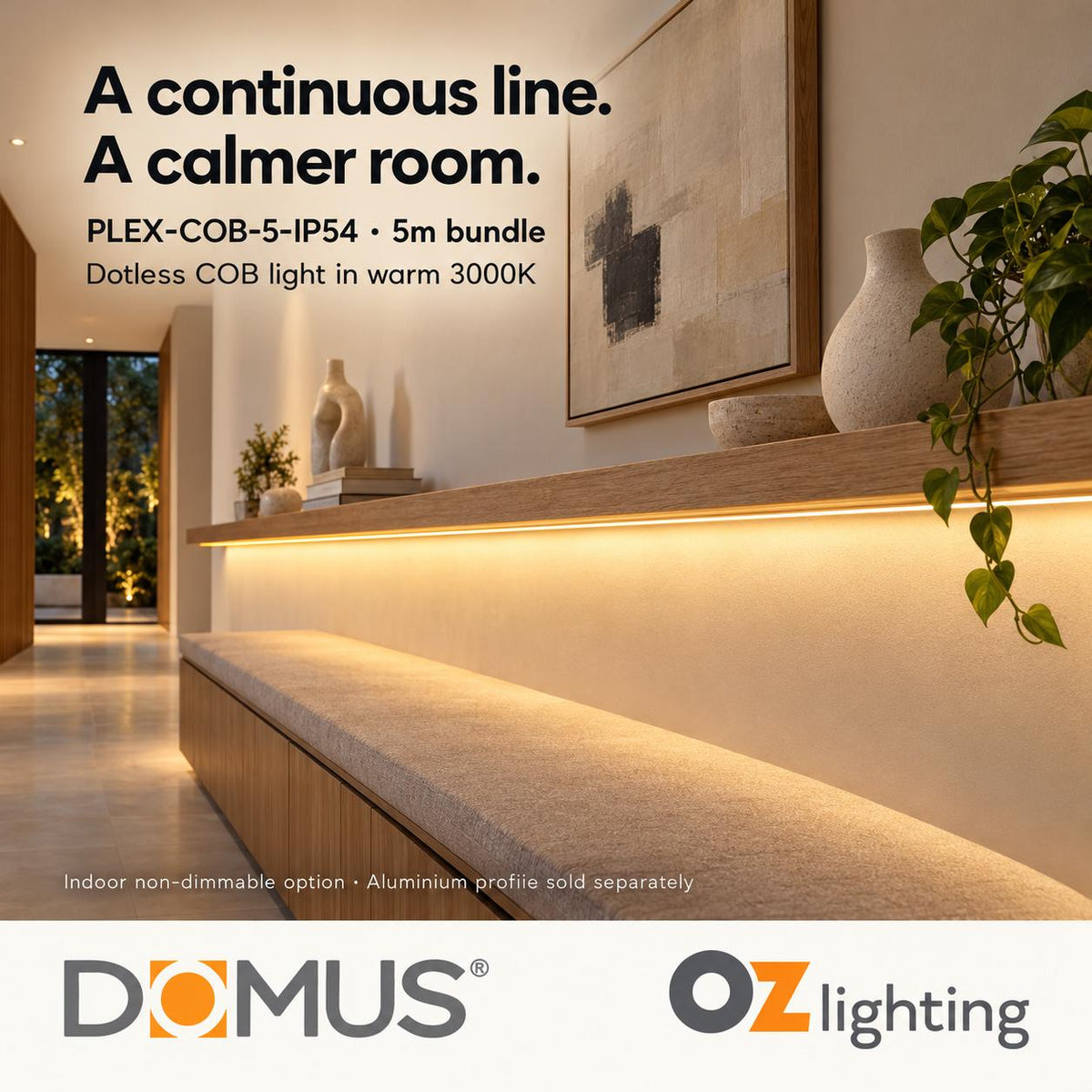 Domus PLEX-COB-5-IP54 5m 3000K LED strip and driver bundle — product benefit