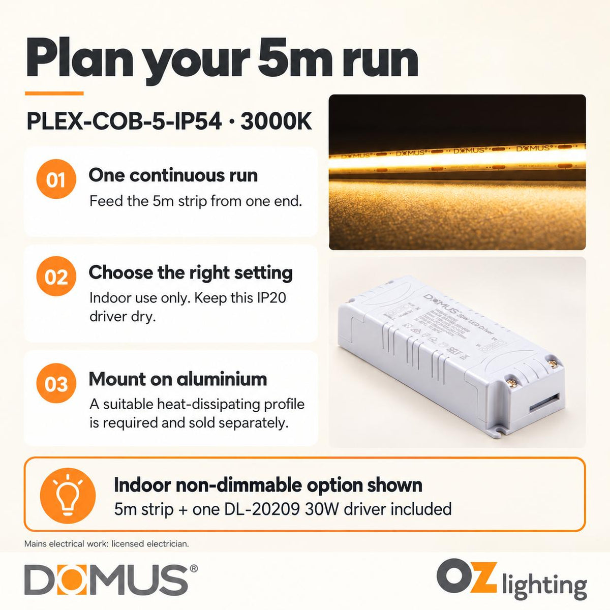 Domus PLEX-COB-5-IP54 5m 3000K LED strip and driver bundle — practical advice