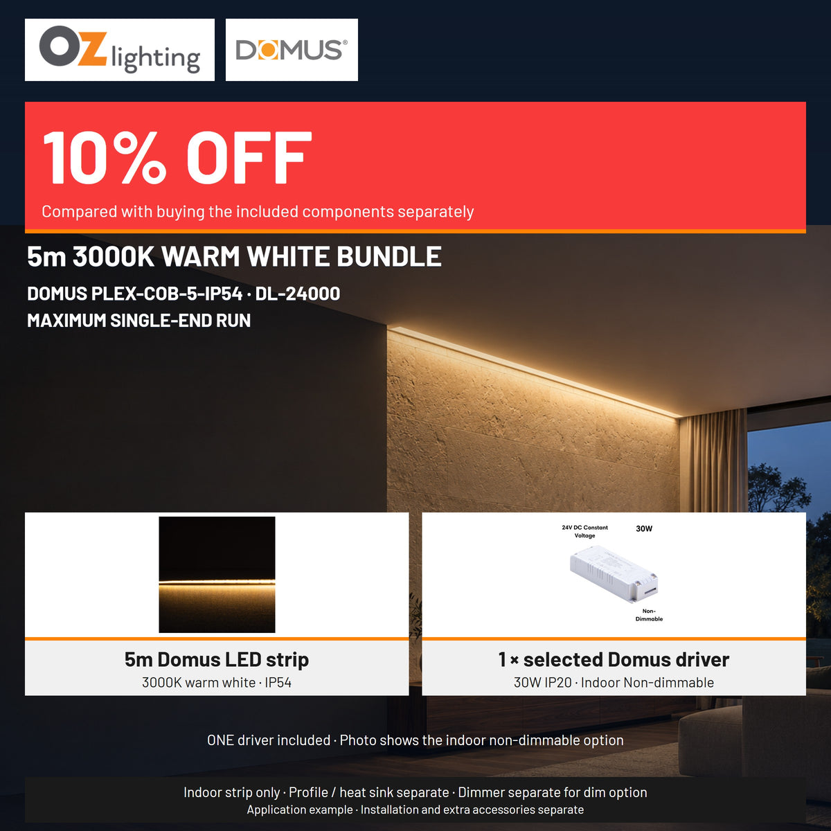 Domus PLEX 5 Metre 5W/m Warm White Strip and Driver Bundle-Domus Lighting-Ozlighting.com.au