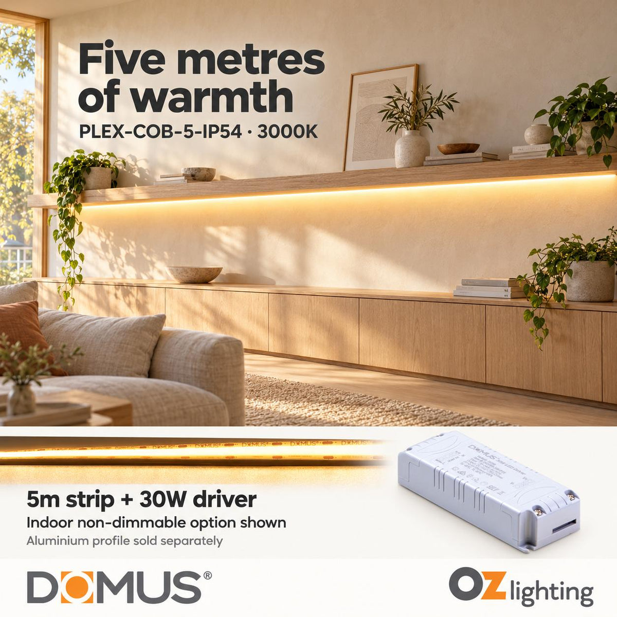 Domus PLEX-COB-5-IP54 5m 3000K LED strip and driver bundle — hero