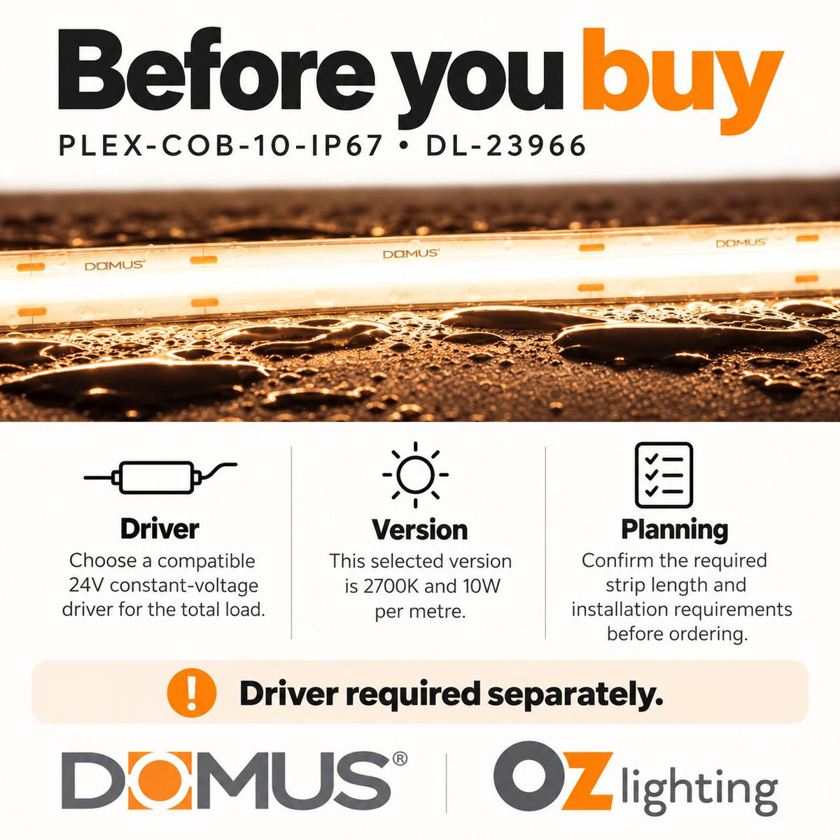 Domus PLEX-COB-10-IP67 LED Strip - 24V, Per Metre, IP67 - DRIVER REQUIRED-Domus Lighting-Ozlighting.com.au