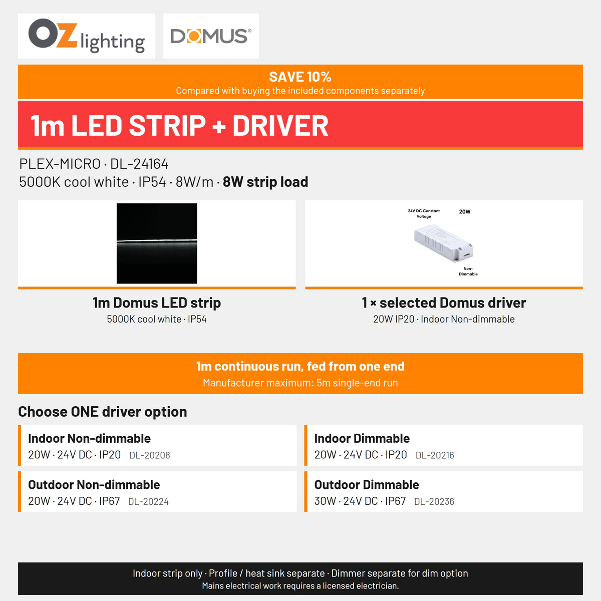 Domus PLEX-MICRO LED Strip & Driver Bundle - 5000K, IP54, 1m-Domus Lighting-Ozlighting.com.au