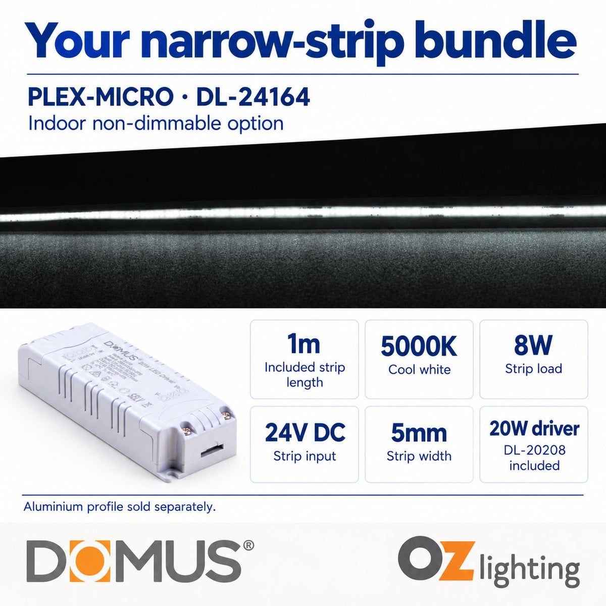 Domus PLEX Micro 1 Metre 8W/m Cool White Strip and Driver Bundle-Domus Lighting-Ozlighting.com.au