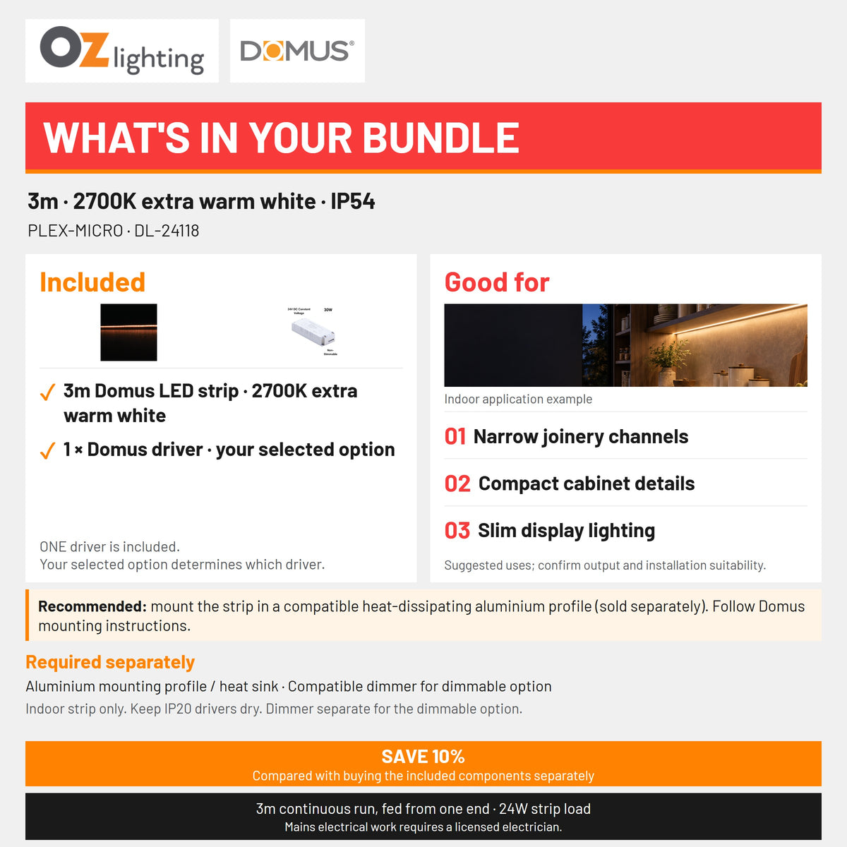 Domus PLEX-MICRO LED Strip & Driver Bundle - 2700K, IP54, 3m-Domus Lighting-Ozlighting.com.au