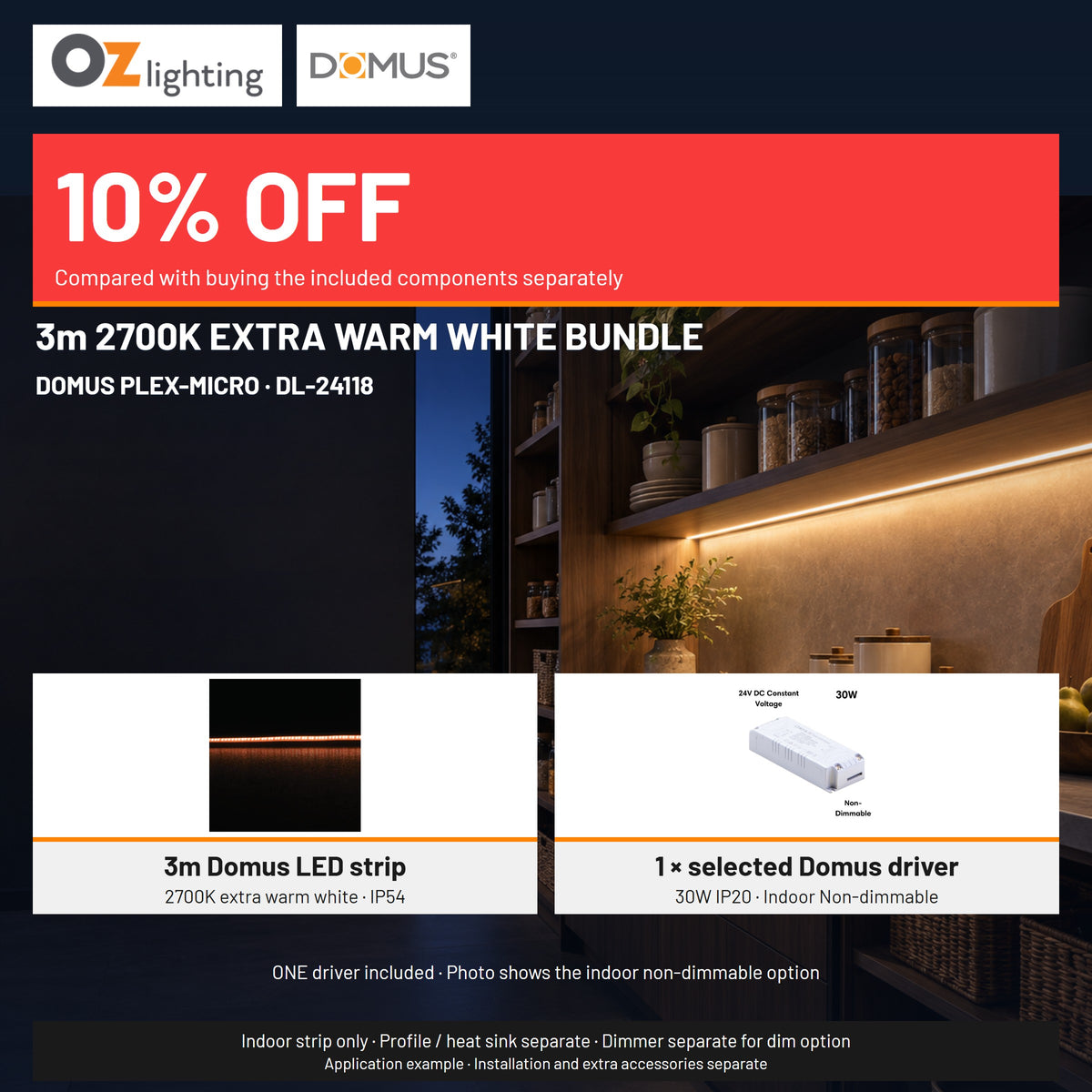 Domus PLEX-MICRO LED Strip & Driver Bundle - 2700K, IP54, 3m-Domus Lighting-Ozlighting.com.au