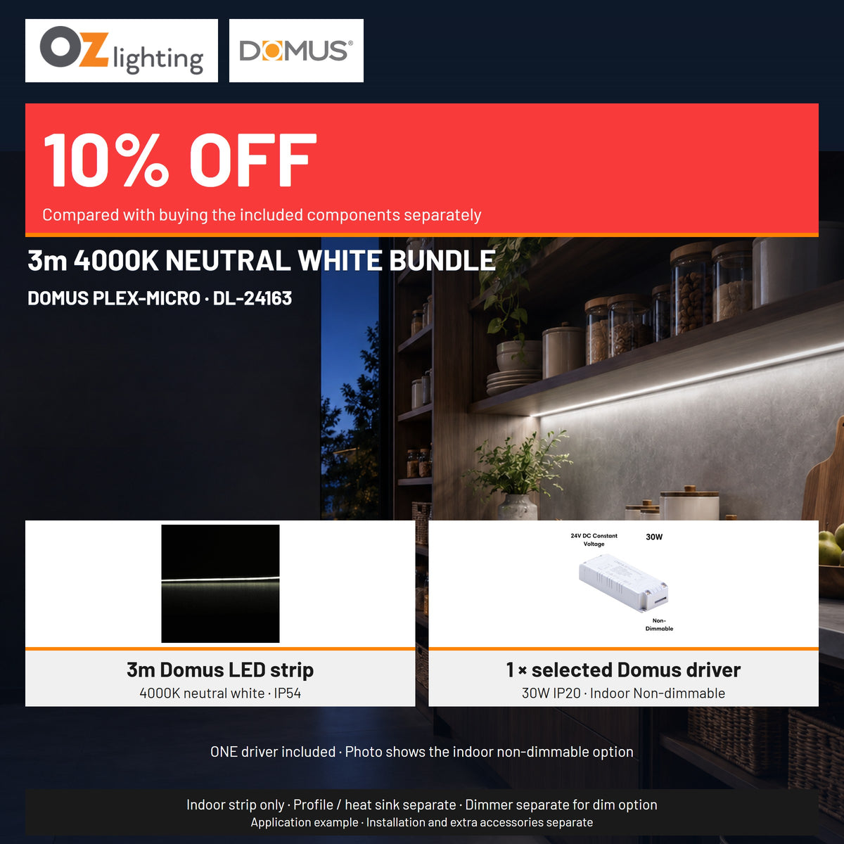 Domus PLEX Micro 3 Metre 8W/m Neutral White Strip and Driver Bundle-Domus Lighting-Ozlighting.com.au