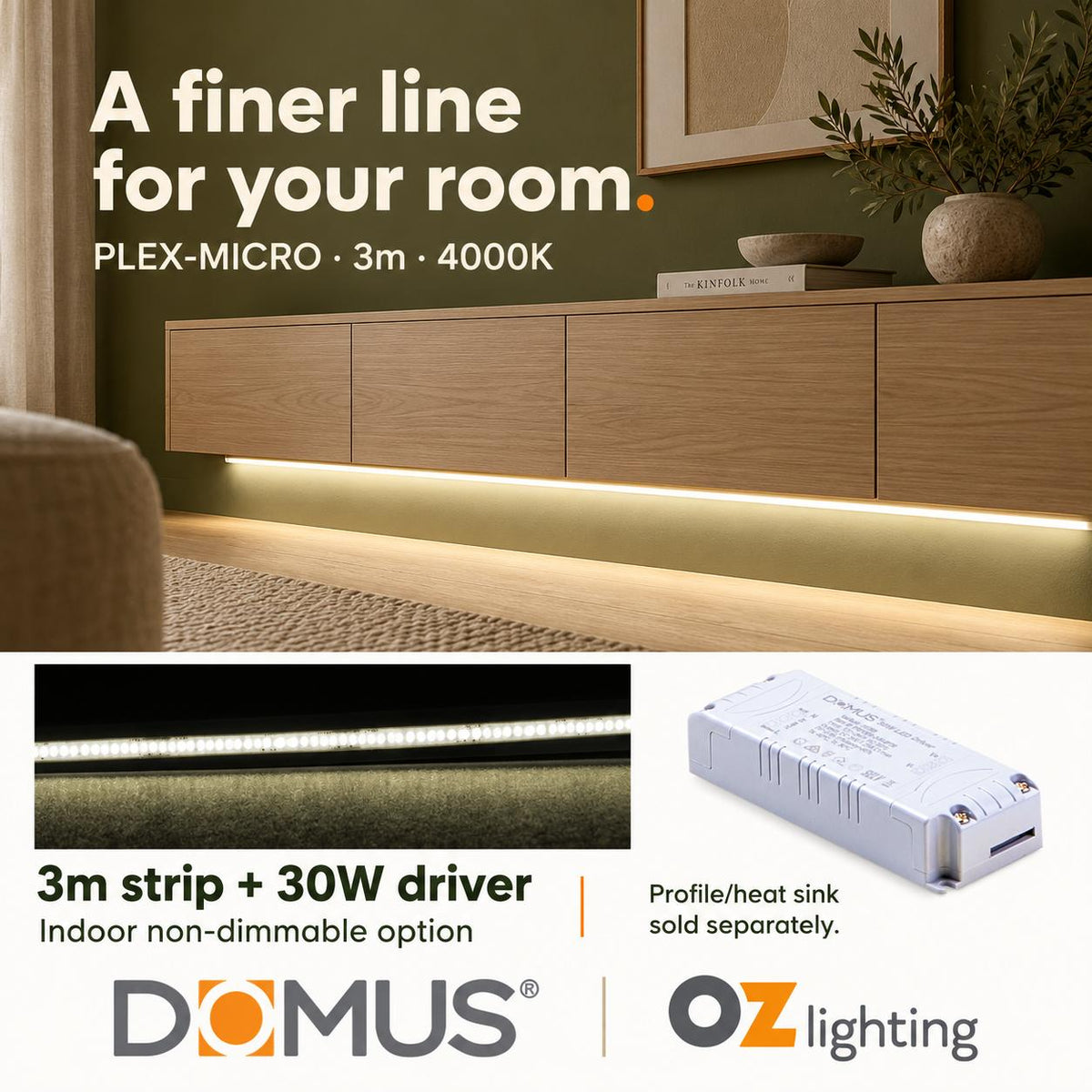 Domus PLEX Micro 3 Metre 8W/m Neutral White Strip and Driver Bundle-Domus Lighting-Ozlighting.com.au