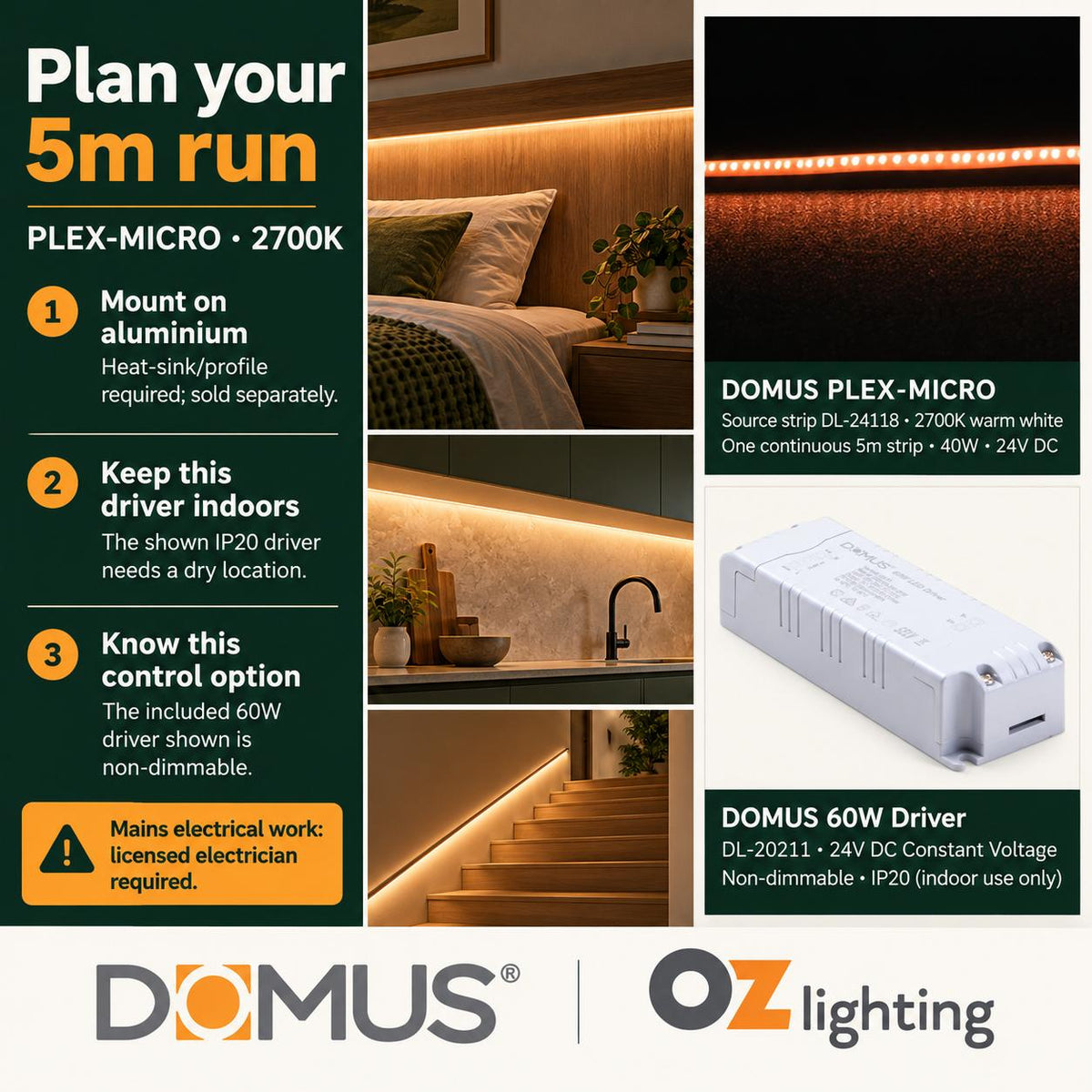 Domus PLEX Micro 5 Metre 8W/m Extra Warm White Strip and Driver Bundle-Domus Lighting-Ozlighting.com.au