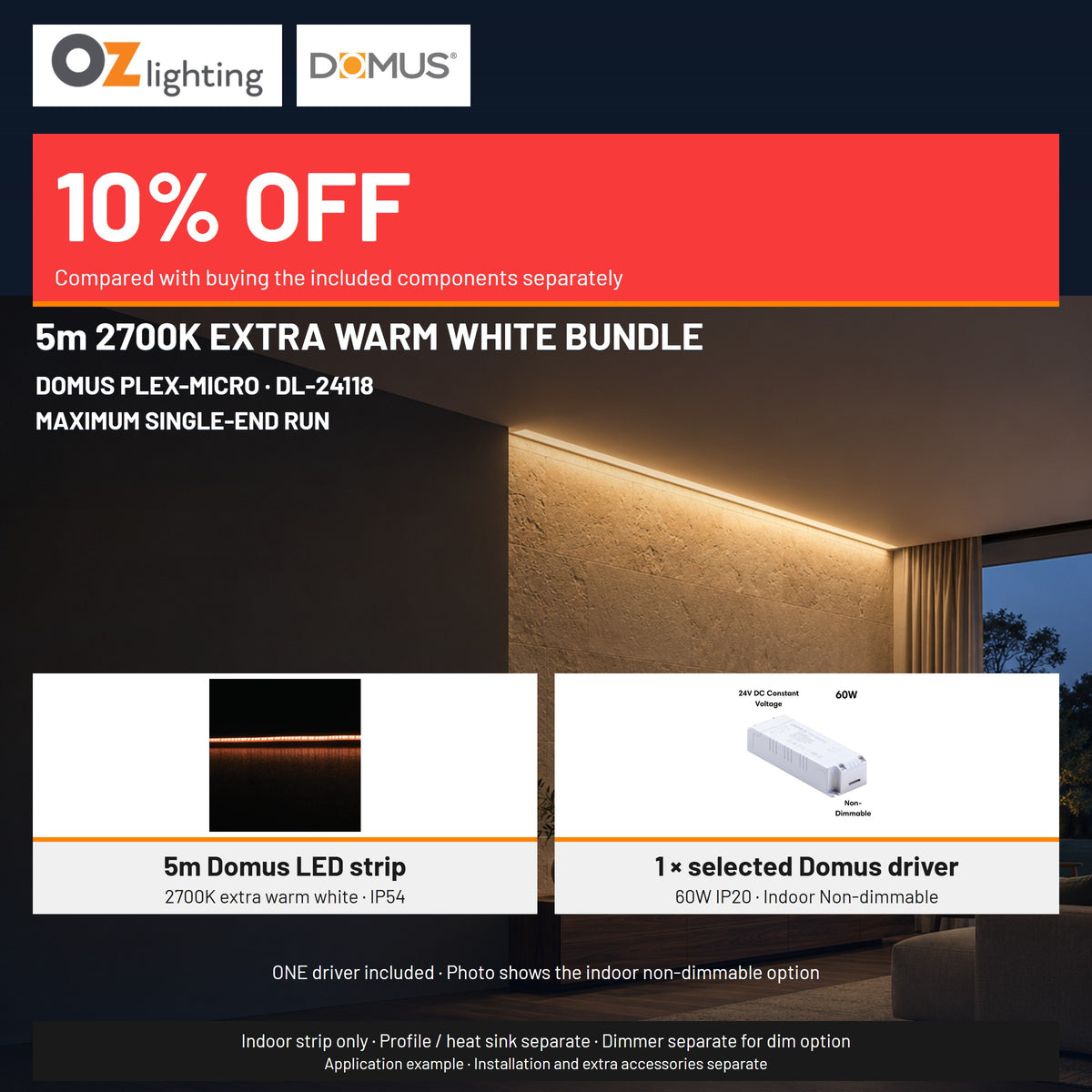 Domus PLEX Micro 5 Metre 8W/m Extra Warm White Strip and Driver Bundle-Domus Lighting-Ozlighting.com.au