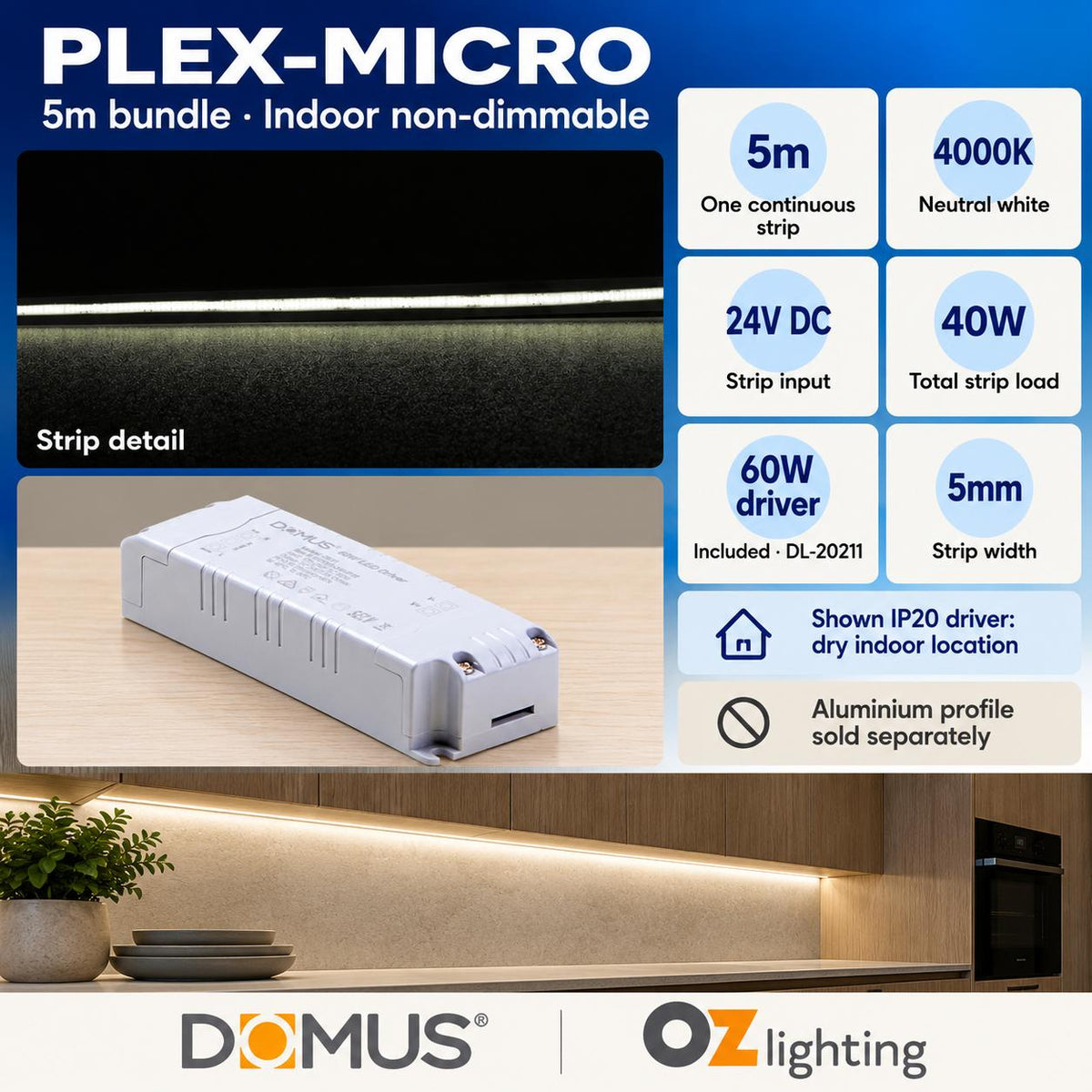 Domus PLEX Micro 5 Metre 8W/m Neutral White Strip and Driver Bundle-Domus Lighting-Ozlighting.com.au