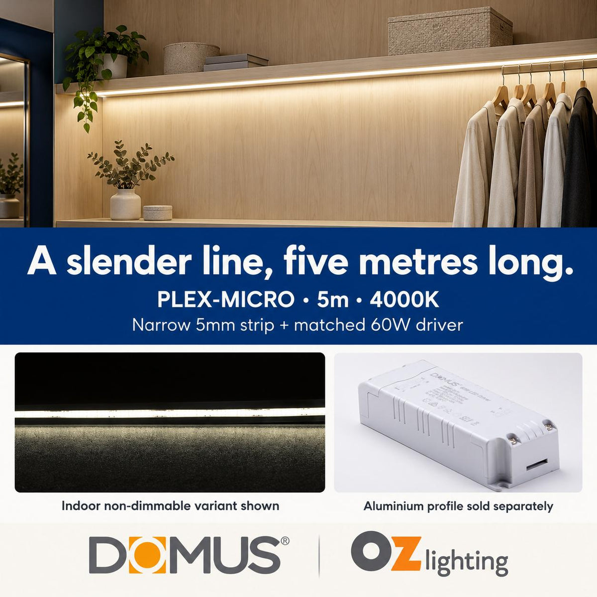Domus PLEX Micro 5 Metre 8W/m Neutral White Strip and Driver Bundle-Domus Lighting-Ozlighting.com.au