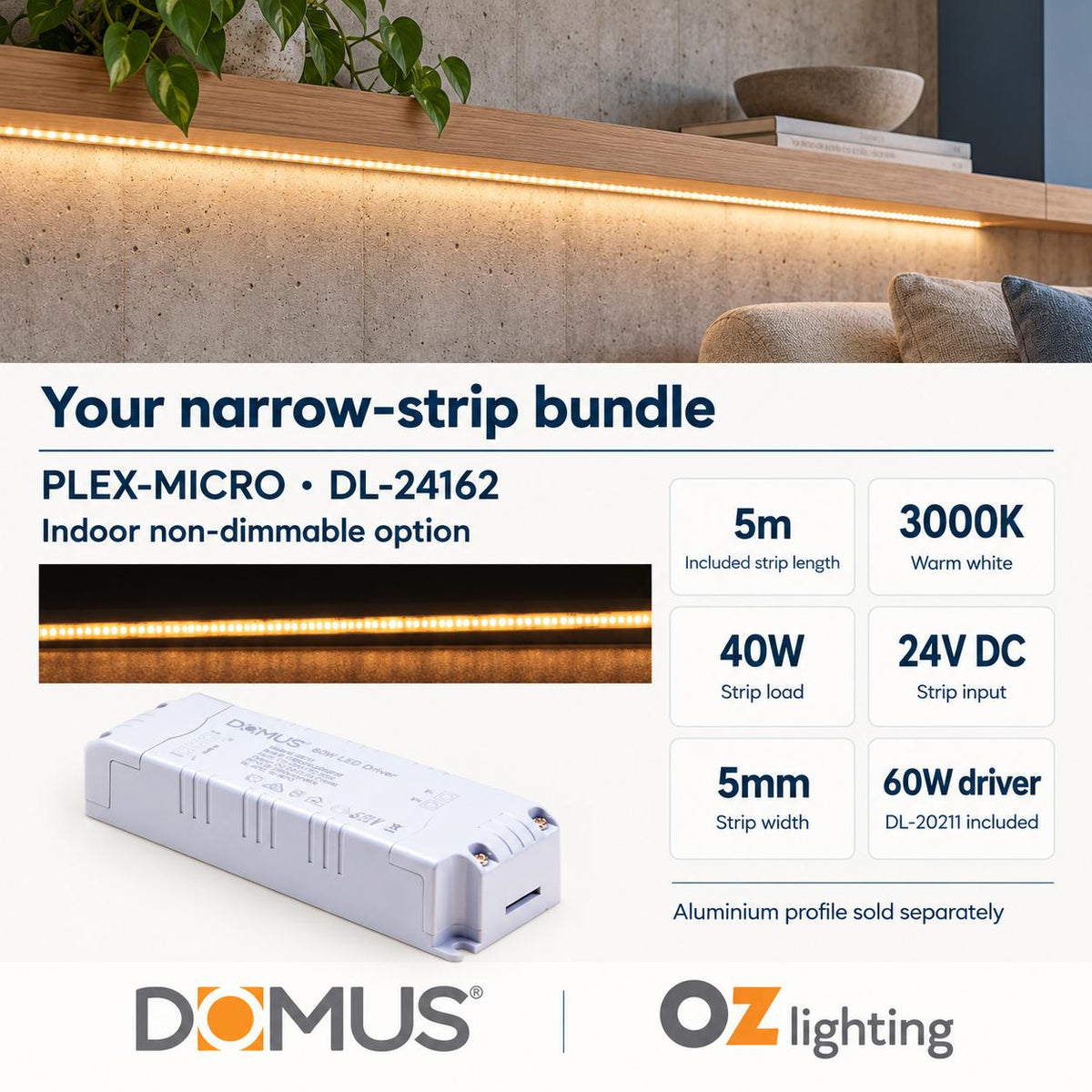Domus PLEX Micro 5 Metre 8W/m Warm White Strip and Driver Bundle-Domus Lighting-Ozlighting.com.au