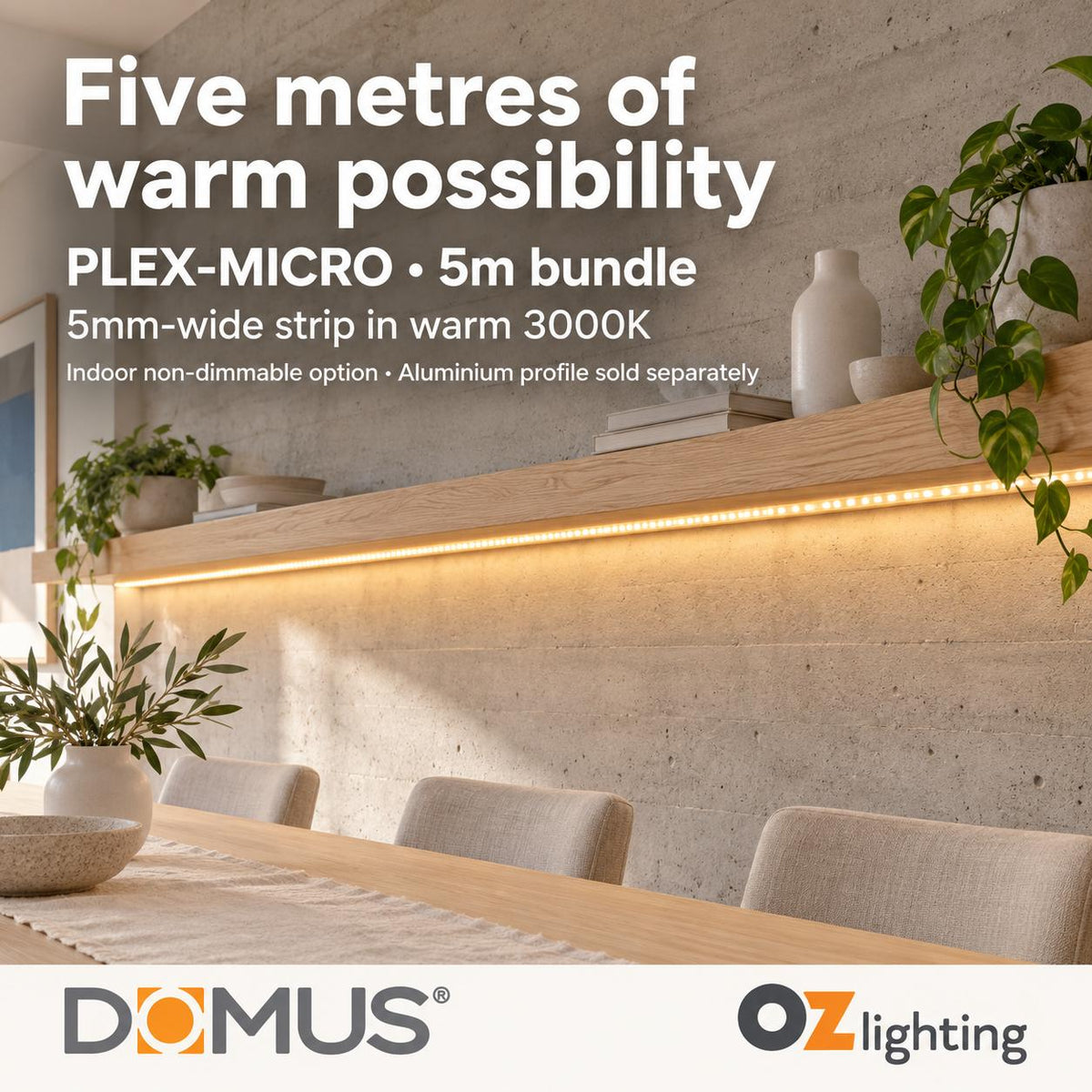 Domus PLEX Micro 5 Metre 8W/m Warm White Strip and Driver Bundle-Domus Lighting-Ozlighting.com.au
