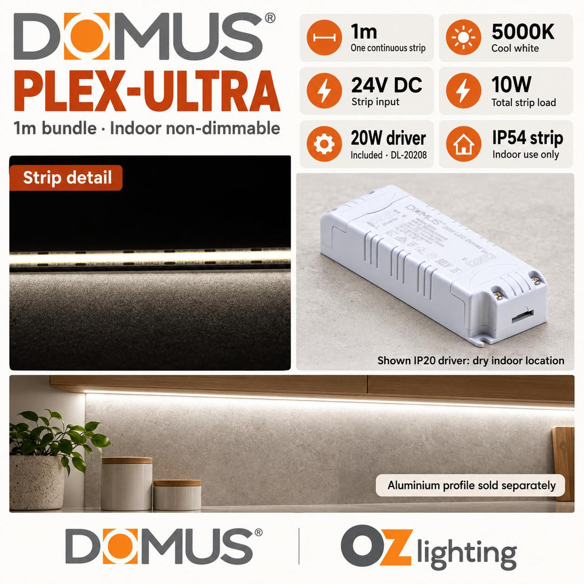 Domus PLEX Ultra 1 Metre 10W/m Cool White Strip and Driver Bundle-Domus Lighting-Ozlighting.com.au