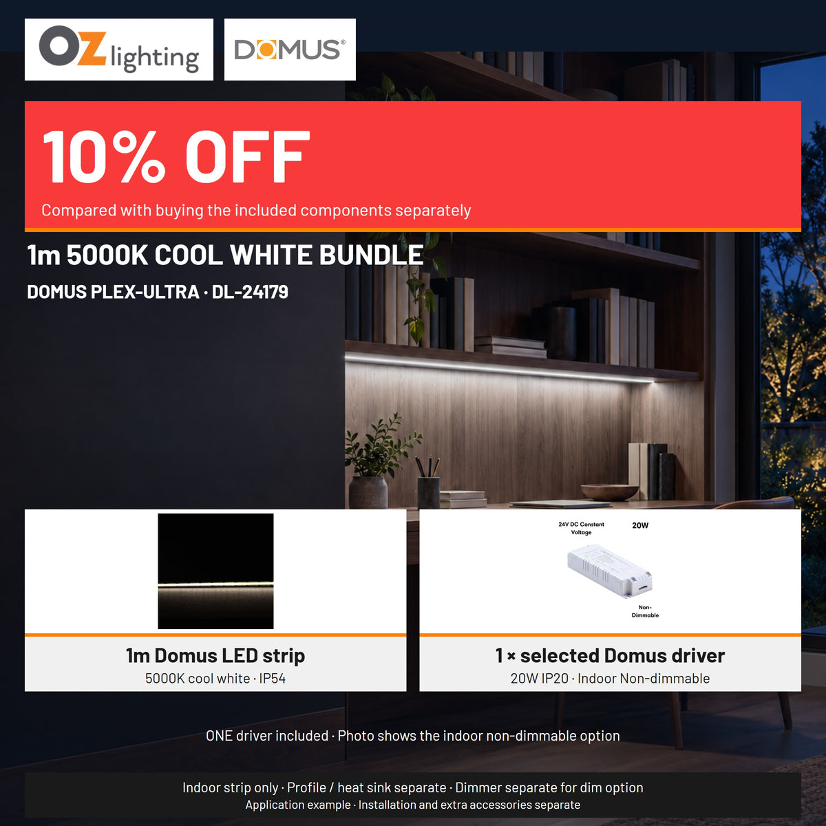 Domus PLEX Ultra 1 Metre 10W/m Cool White Strip and Driver Bundle-Domus Lighting-Ozlighting.com.au