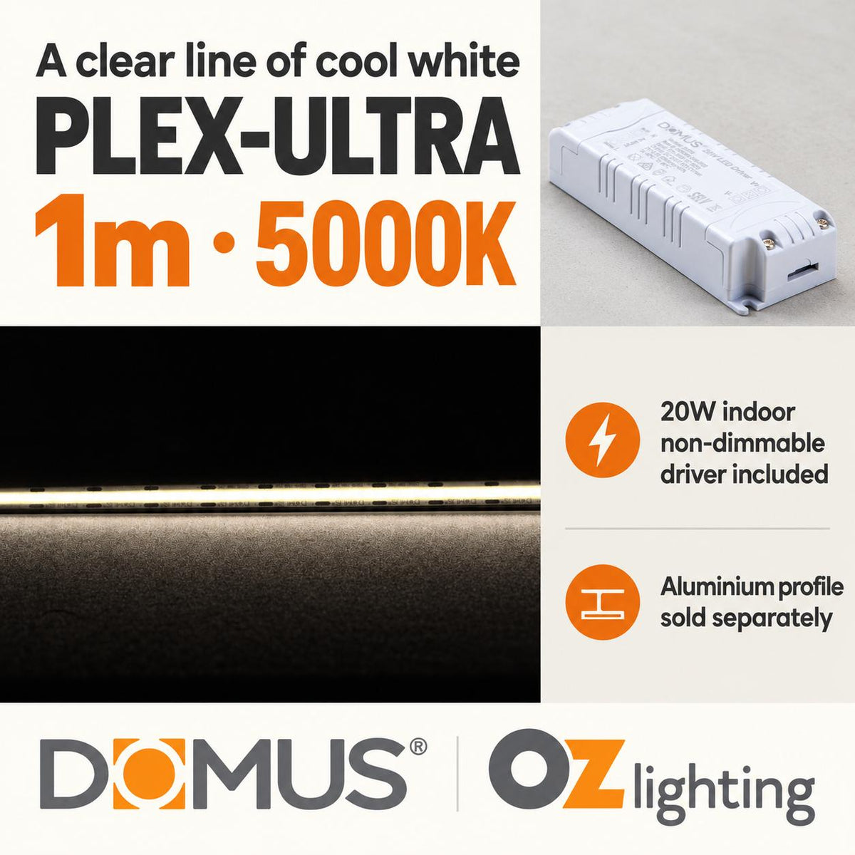 Domus PLEX Ultra 1 Metre 10W/m Cool White Strip and Driver Bundle-Domus Lighting-Ozlighting.com.au
