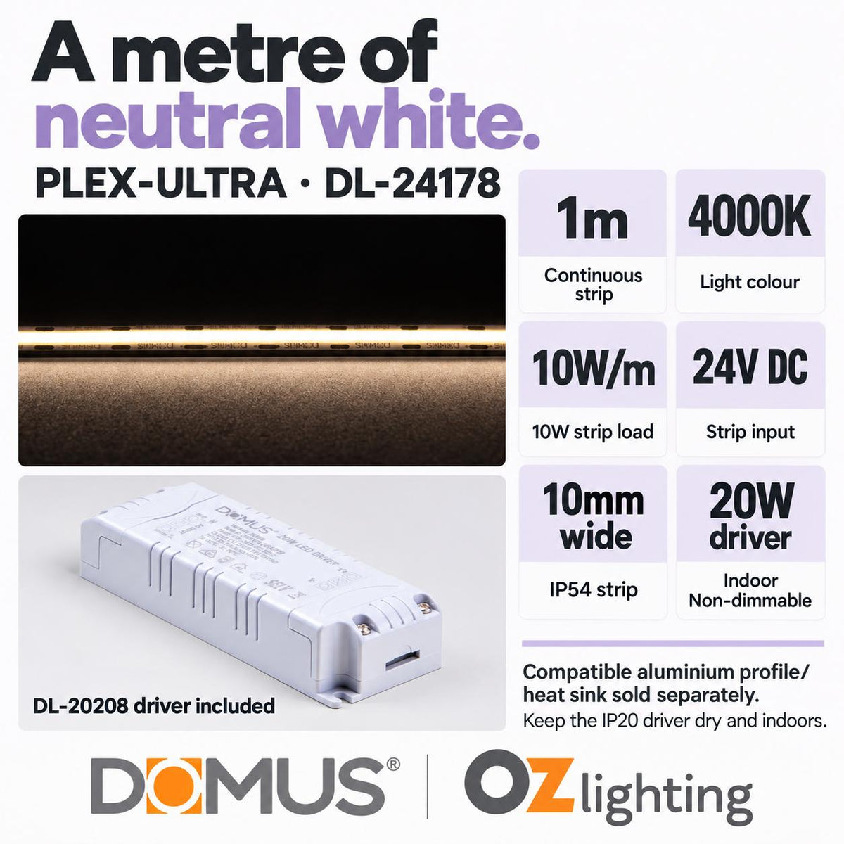 Domus PLEX Ultra 1 Metre 10W/m Neutral White Strip and Driver Bundle-Domus Lighting-Ozlighting.com.au