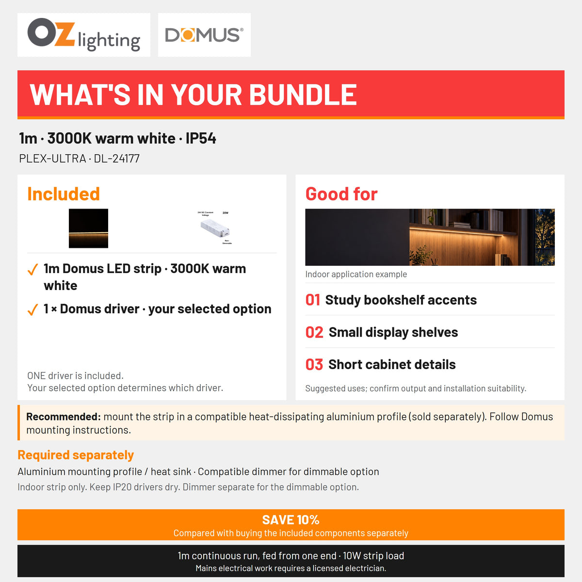 Domus PLEX Ultra 1 Metre 10W/m Warm White Strip and Driver Bundle-Domus Lighting-Ozlighting.com.au