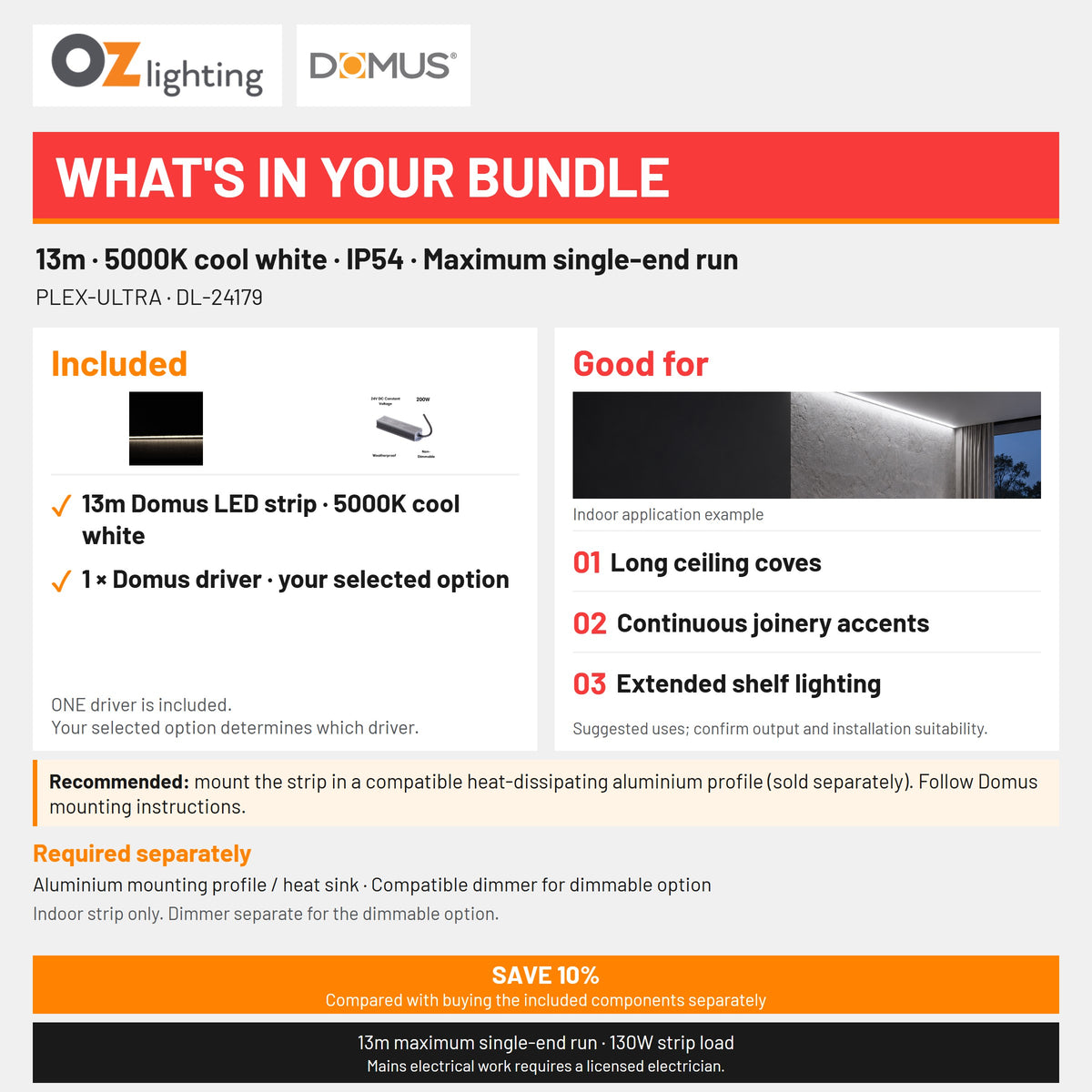 Domus PLEX Ultra 13 Metre 10W/m Cool White Strip and Driver Bundle-Domus Lighting-Ozlighting.com.au