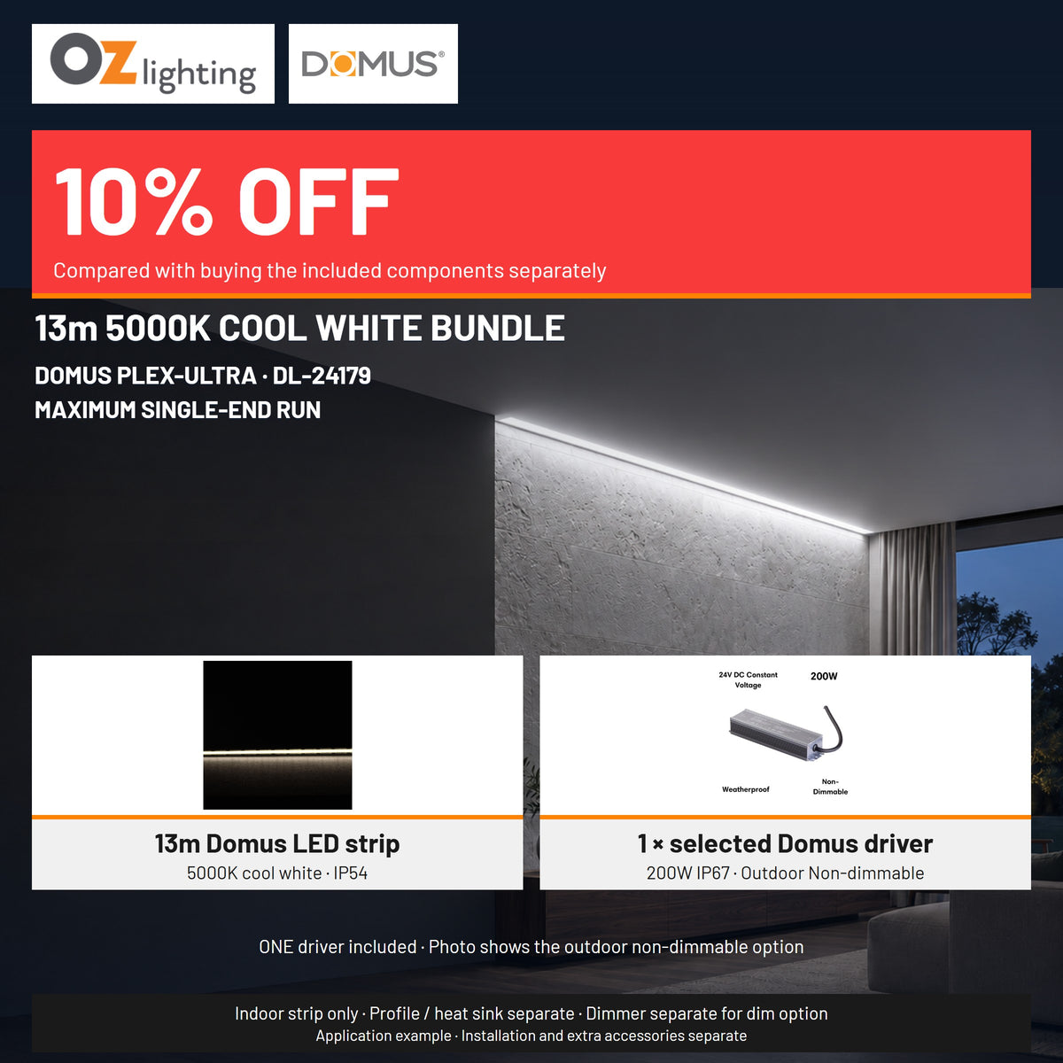 Domus PLEX Ultra 13 Metre 10W/m Cool White Strip and Driver Bundle-Domus Lighting-Ozlighting.com.au