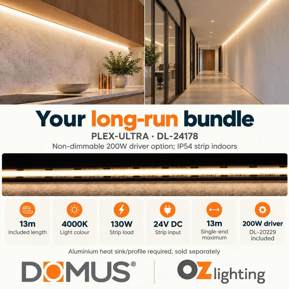 Domus PLEX Ultra 13 Metre 10W/m Neutral White Strip and Driver Bundle-Domus Lighting-Ozlighting.com.au