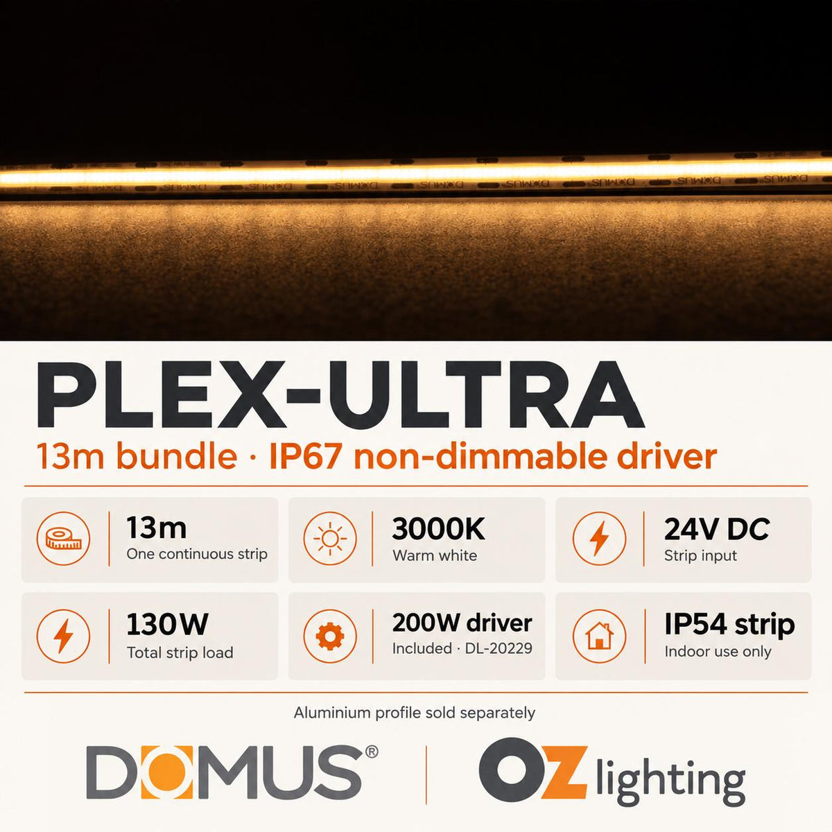 Domus PLEX Ultra 13 Metre 10W/m Warm White Strip and Driver Bundle-Domus Lighting-Ozlighting.com.au