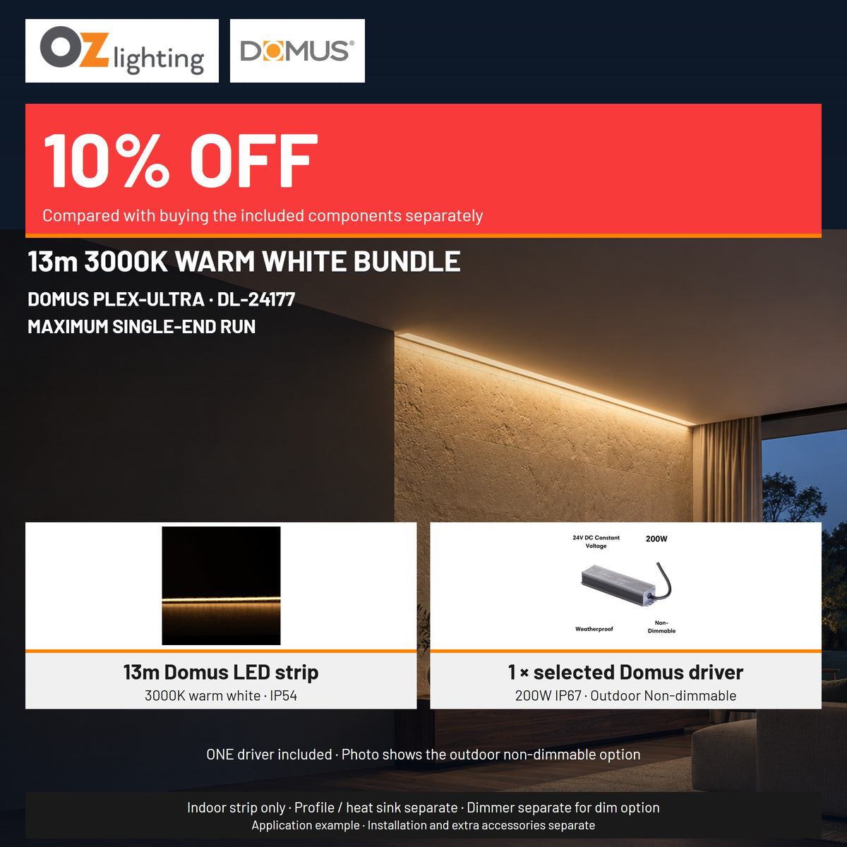 Domus PLEX Ultra 13 Metre 10W/m Warm White Strip and Driver Bundle-Domus Lighting-Ozlighting.com.au