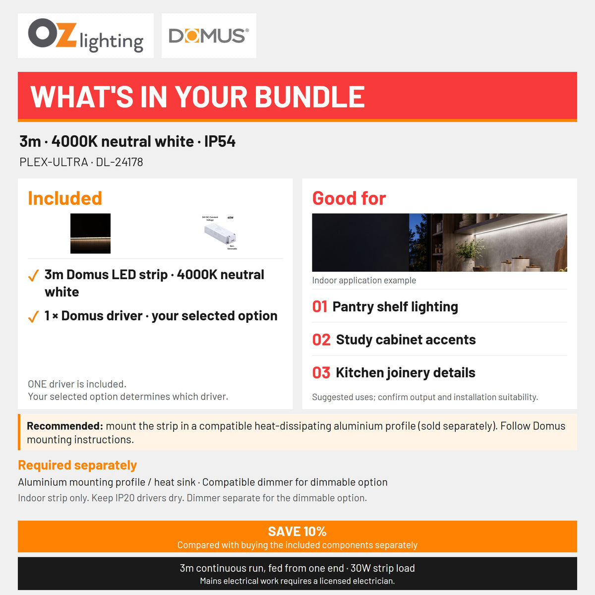 Domus PLEX Ultra 3 Metre 10W/m Neutral White Strip and Driver Bundle-Domus Lighting-Ozlighting.com.au
