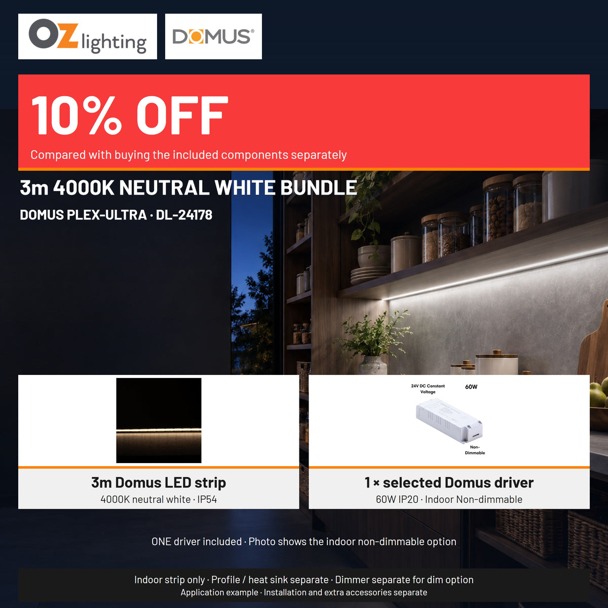 Domus PLEX Ultra 3 Metre 10W/m Neutral White Strip and Driver Bundle-Domus Lighting-Ozlighting.com.au