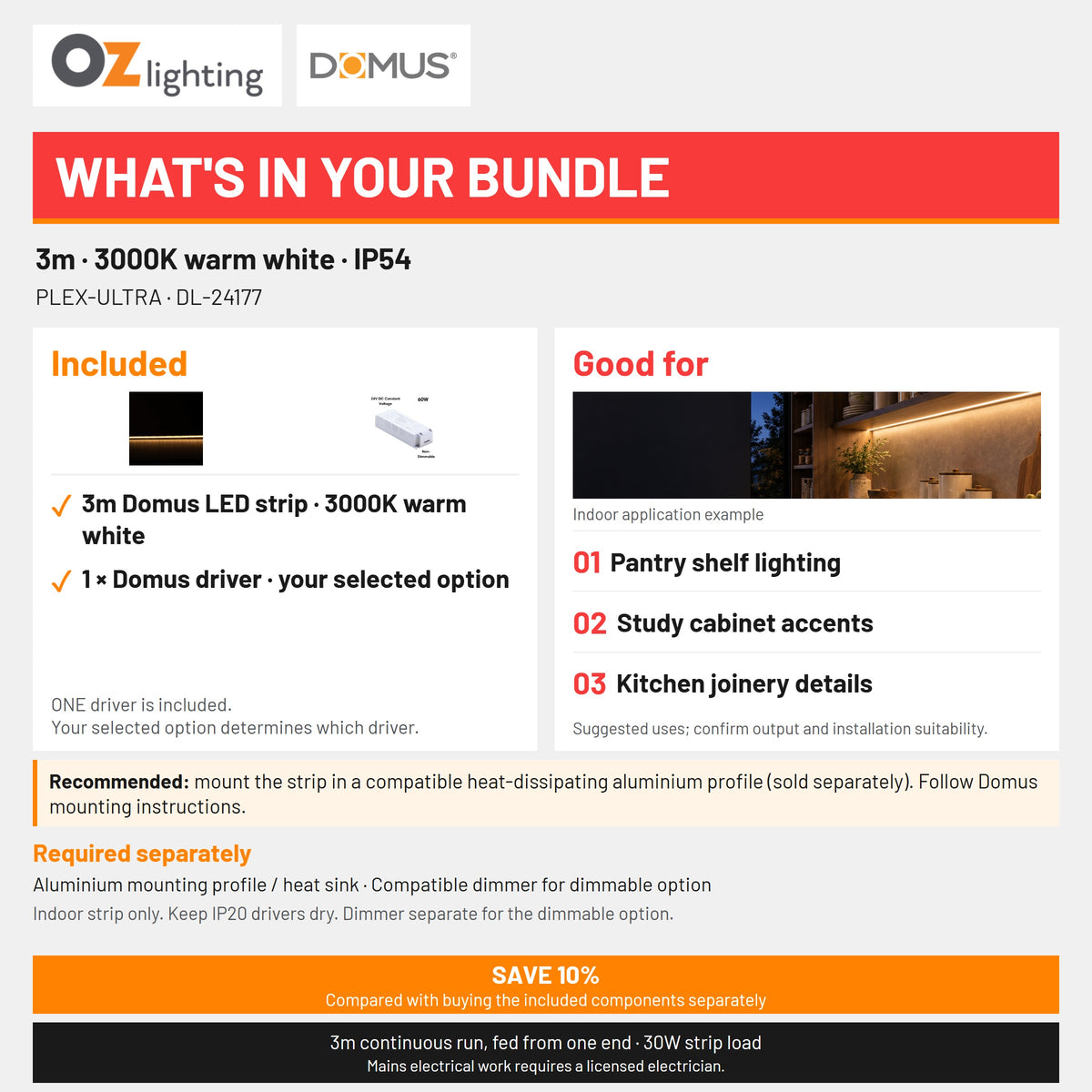 Domus PLEX Ultra 3 Metre 10W/m Warm White Strip and Driver Bundle-Domus Lighting-Ozlighting.com.au