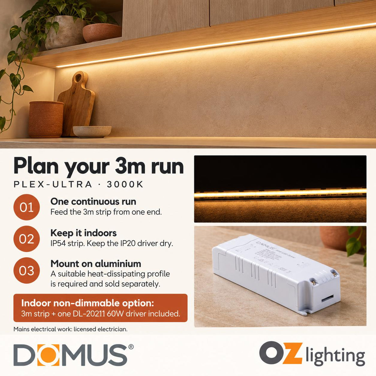 Domus PLEX Ultra 3 Metre 10W/m Warm White Strip and Driver Bundle-Domus Lighting-Ozlighting.com.au