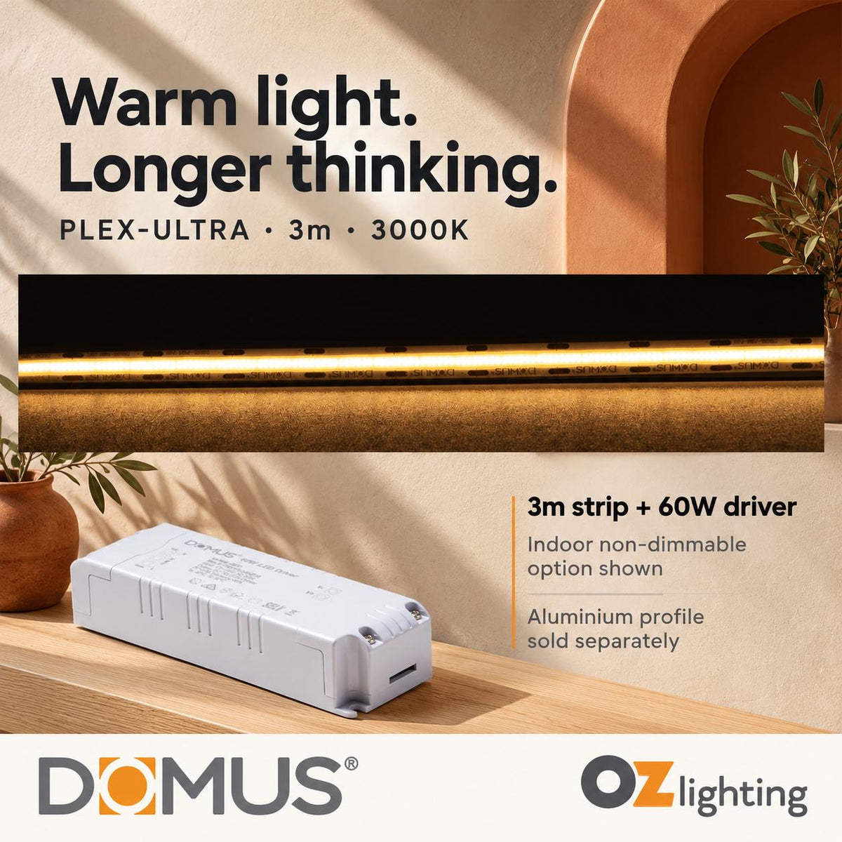 Domus PLEX Ultra 3 Metre 10W/m Warm White Strip and Driver Bundle-Domus Lighting-Ozlighting.com.au