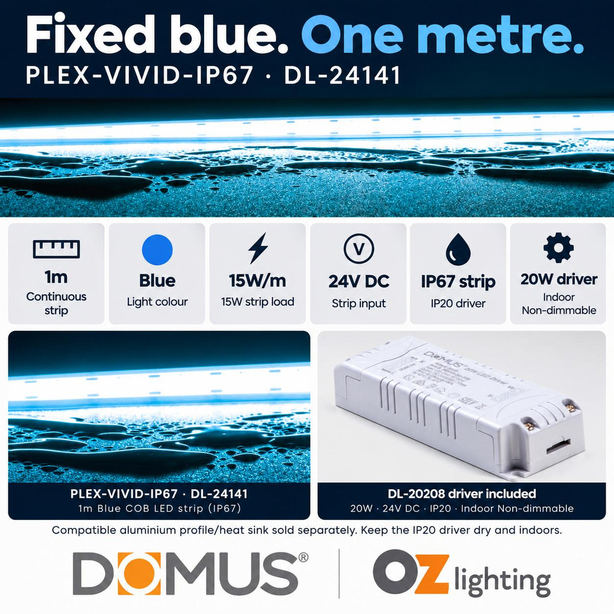 Domus PLEX Vivid 1 Metre 15W/m Blue Outdoor Strip and Driver Bundle-Domus Lighting-Ozlighting.com.au