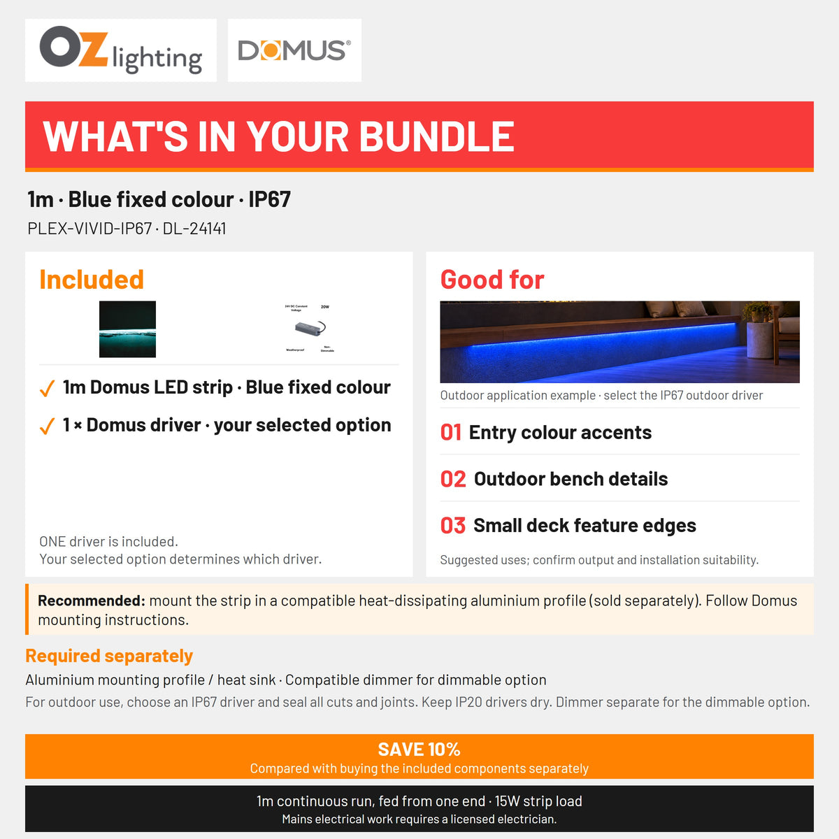 Domus PLEX-VIVID-IP67 LED Strip & Driver Bundle - Blue, 1m-Domus Lighting-Ozlighting.com.au