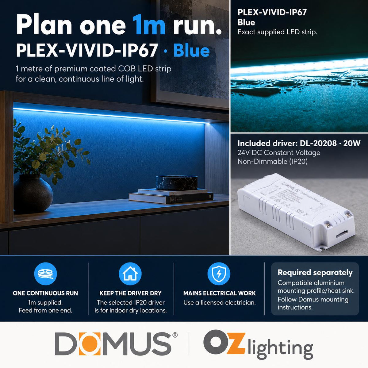 Domus PLEX Vivid 1 Metre 15W/m Blue Outdoor Strip and Driver Bundle-Domus Lighting-Ozlighting.com.au