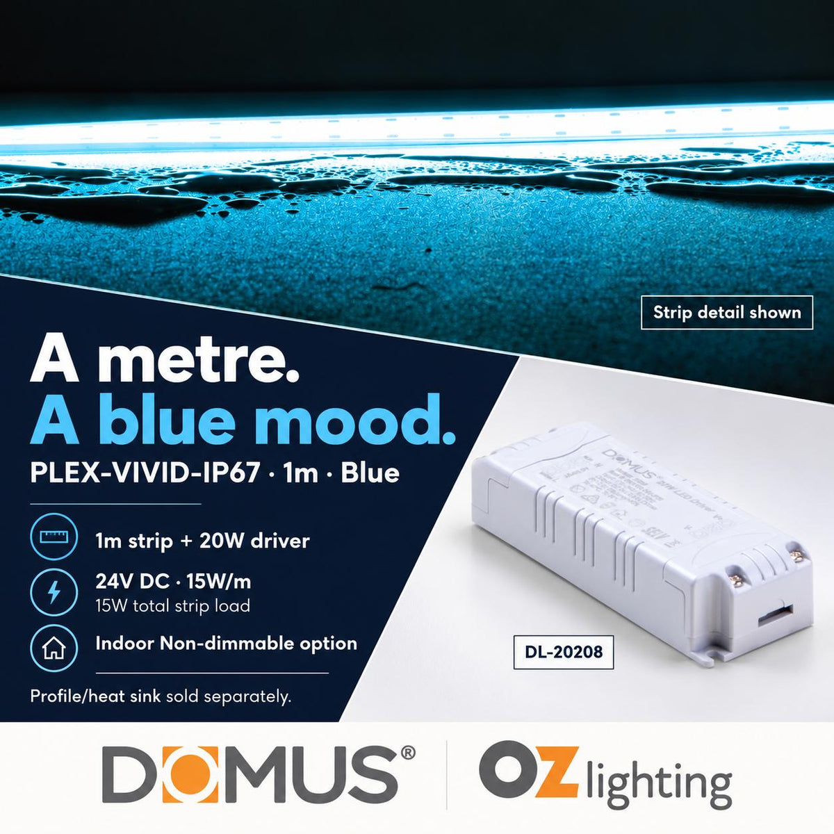 Domus PLEX Vivid 1 Metre 15W/m Blue Outdoor Strip and Driver Bundle-Domus Lighting-Ozlighting.com.au
