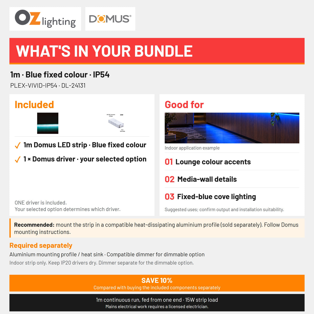 Domus PLEX-VIVID-IP54 LED Strip & Driver Bundle - Blue, 1m-Domus Lighting-Ozlighting.com.au