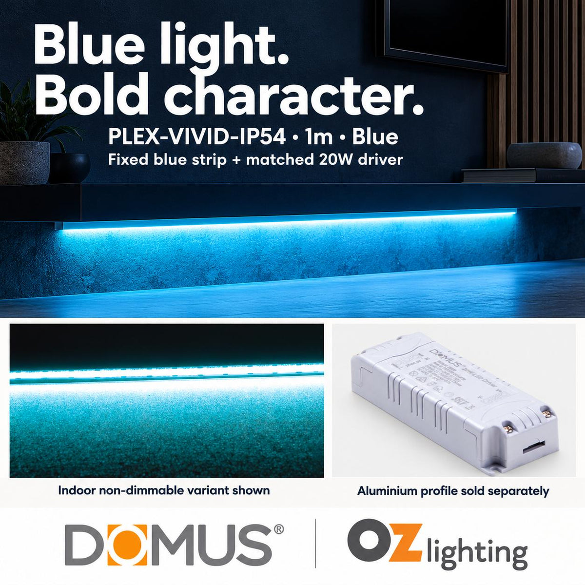 Domus PLEX Vivid 1 Metre 15W/m Blue Strip and Driver Bundle-Domus Lighting-Ozlighting.com.au