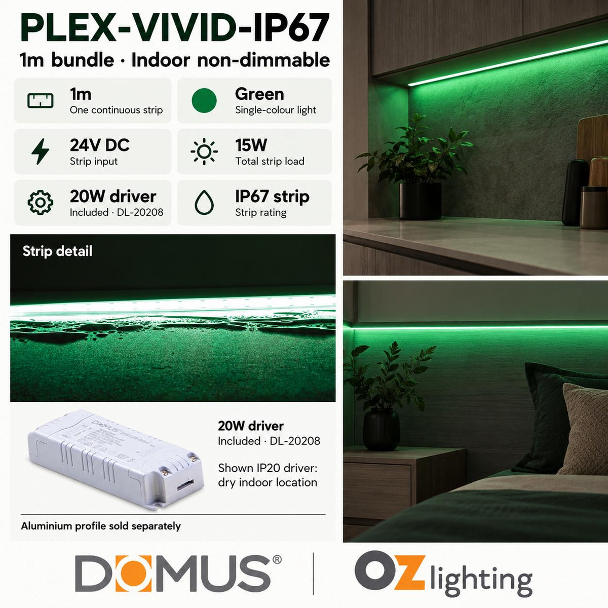 Domus PLEX Vivid 1 Metre 15W/m Green Outdoor Strip and Driver Bundle-Domus Lighting-Ozlighting.com.au